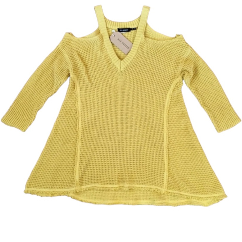 Blu Pepper Mustard Cold Shoulder V-neck Fringe Sweater Large